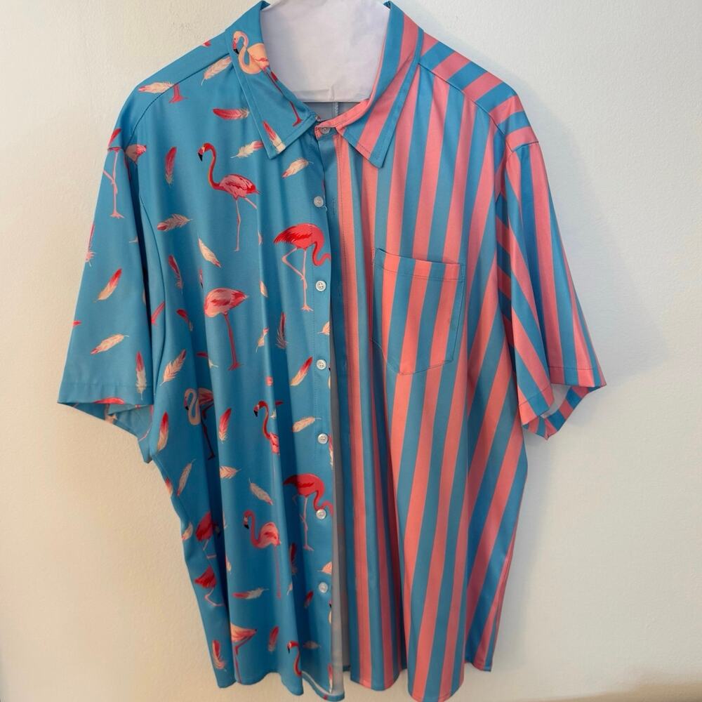 Vatpave Men’s XL Flamingo Stripe Colorblock Short Sleeve Button Up Shirt Pink